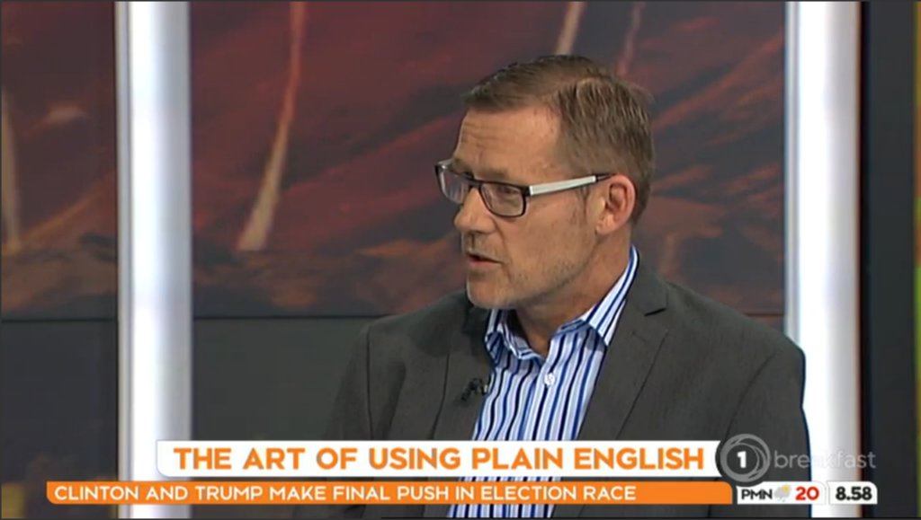 Simon Hertnon speaking about plain language on Breakfast (TVNZ) on 8 November 2016
